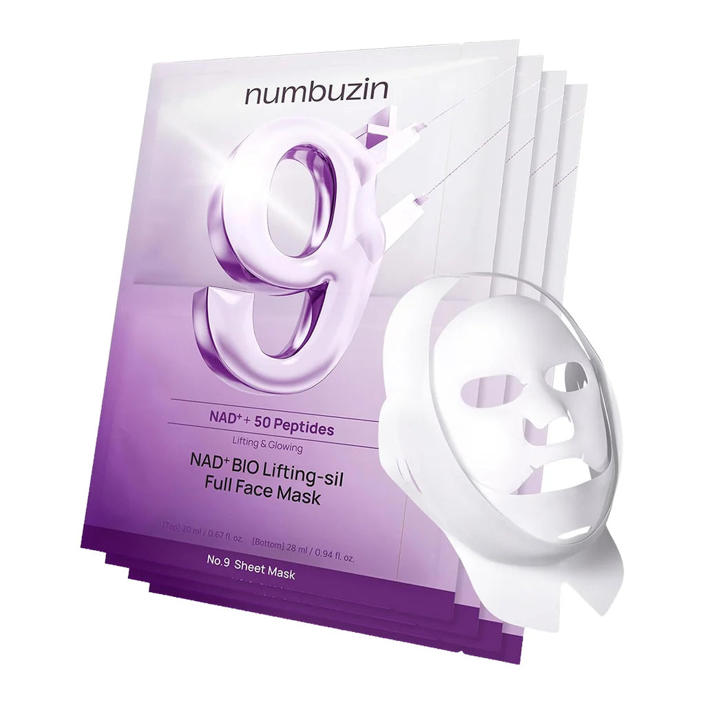 numbuzin No.9 NAD+ BIO Lifting-sil Full Face Mask med fire todelte sheet masks og liftingbånd hos SPA Bergen